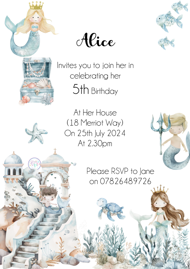 Mermaid Princess Birthday Invites - Bluesky's creation