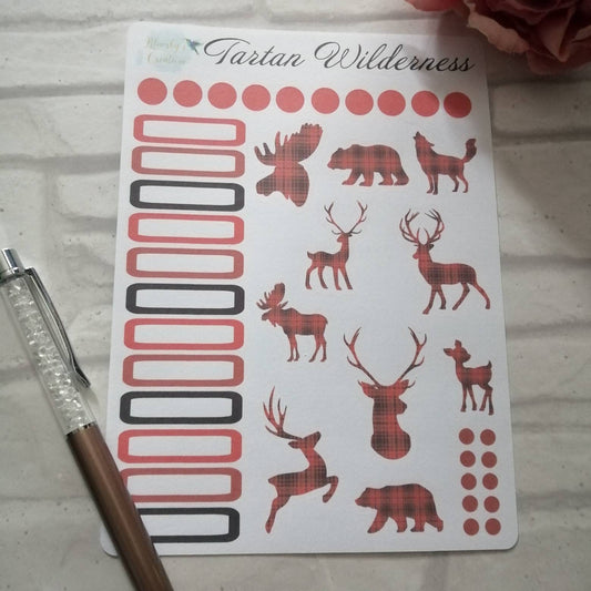 Red Tartan Planner Stickers | Plaid Weekly Kit | Wilderness Daily Diary | Animal Planning Set