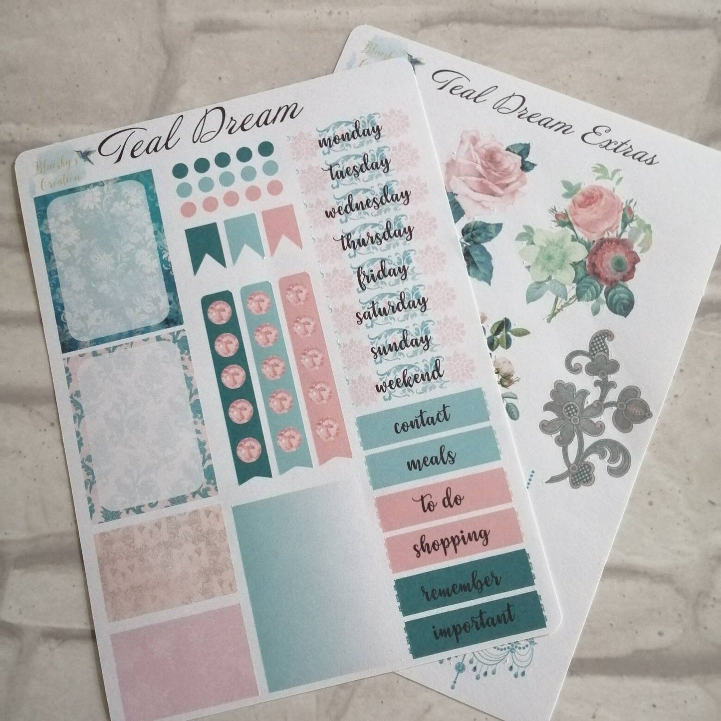 Vintage Teal Planner Kit | Floral Pink Weekly Stickers | Daily Diary Planner Set