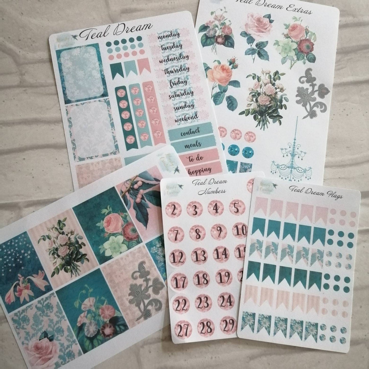 Vintage Teal Planner Kit | Floral Pink Weekly Stickers | Daily Diary Planner Set