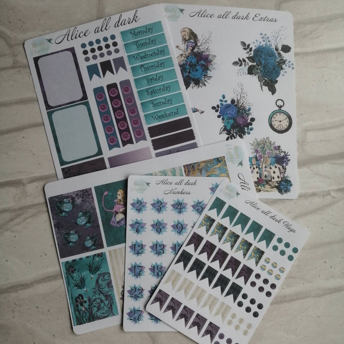 Alice in wonderland dark green purple weekly planning sticker diary daily planner set