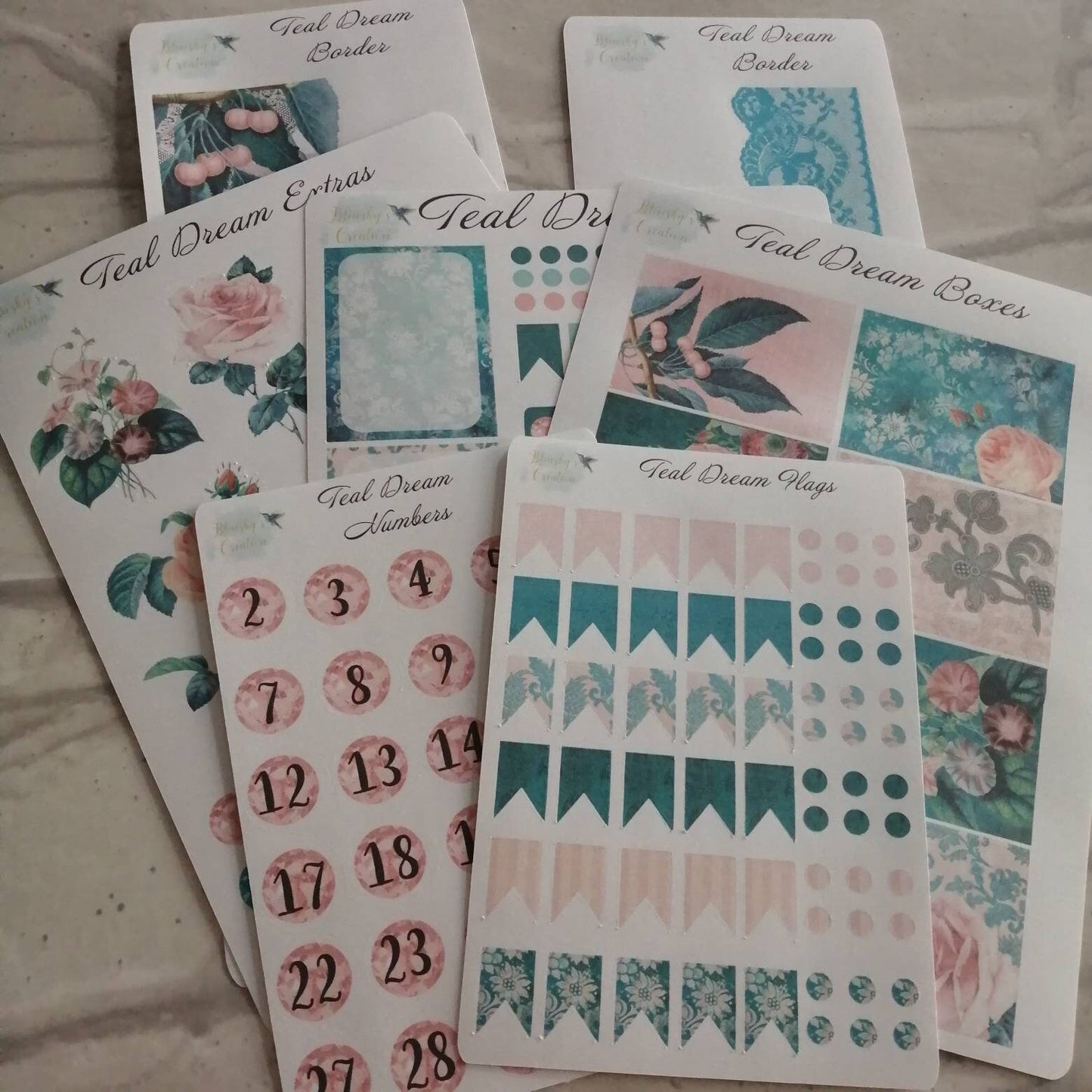 Vintage Teal Planner Kit | Floral Pink Weekly Stickers | Daily Diary Planner Set