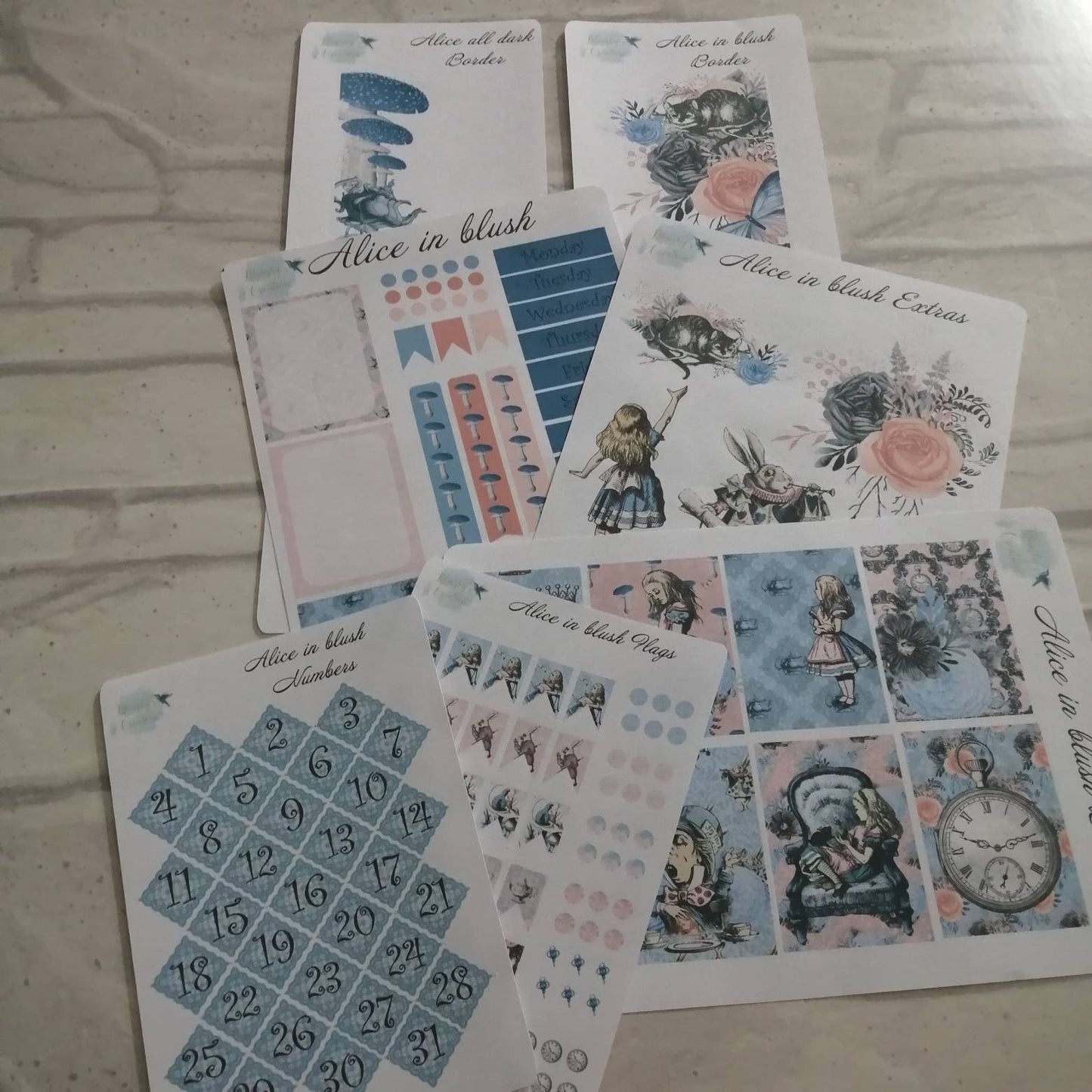 Alice in wonderland blush pink and blue weekly planning sticker diary daily planner set
