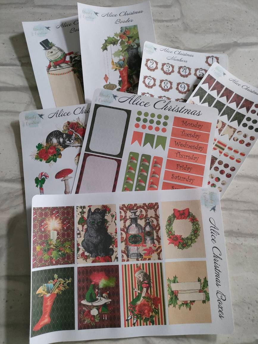 Alice in wonderland red and green christmas weekly planning sticker diary daily planner set
