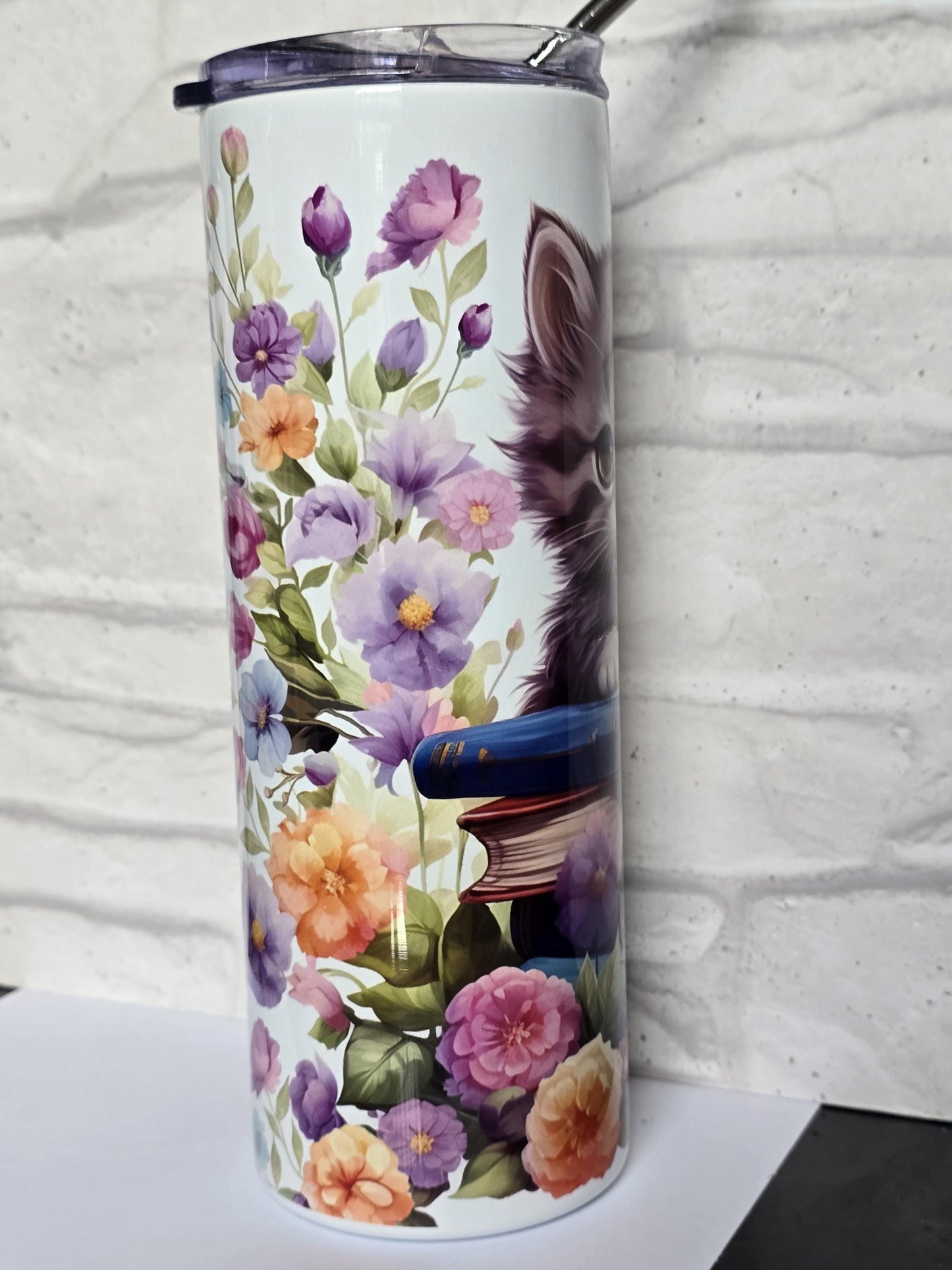 Kitten on a stack of books 20oz Skinny Tumbler | Summer Drink Cup | Holiday Cold Drink Flask