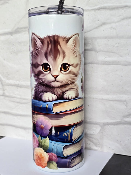 Kitten on a stack of books 20oz Skinny Tumbler | Summer Drink Cup | Holiday Cold Drink Flask