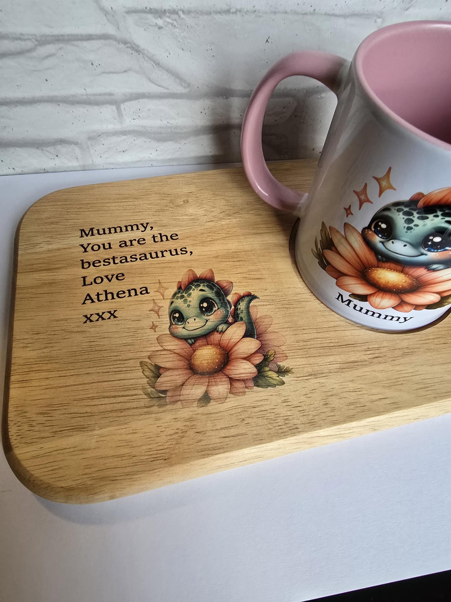 Personalised Mummysaurus Biscuit Board & Mug Set |Tea Cup Plate | Treat Board | Gift for Her | Mother's Day Present | Coffee Serving Platter