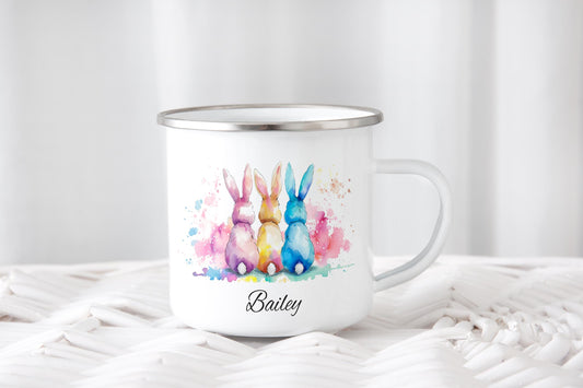 Easter Bunny Enamel Mug | Personalised Metal Cup | Gift for Her Him | Under 10 Drinkware | Garden Camping Unbreakable Tin | Egg hunt