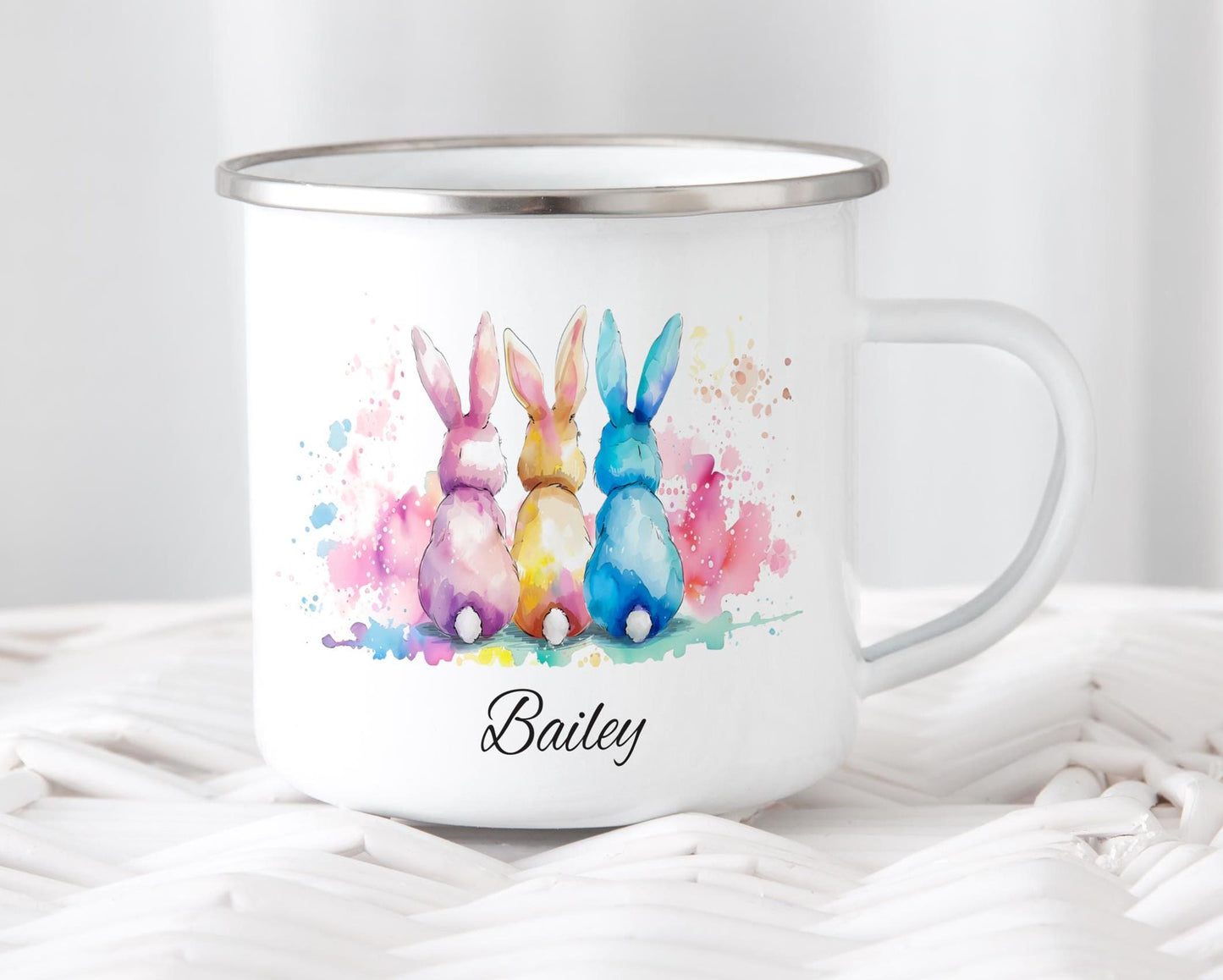 Easter Bunny Enamel Mug | Personalised Metal Cup | Gift for Her Him | Under 10 Drinkware | Garden Camping Unbreakable Tin | Egg hunt
