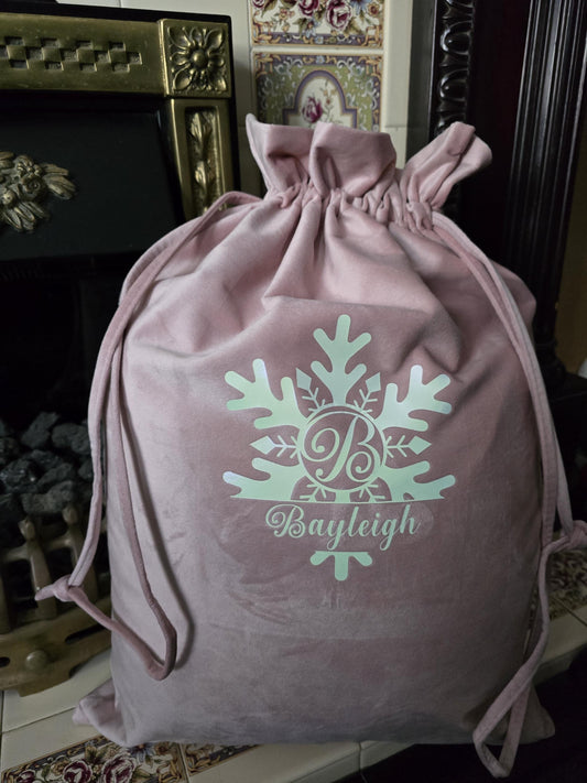 Personalised Christmas Gift Sacks | Christmas  Advent Sacks | Childrens Stockings | Velvet Plush Snowflake Bags