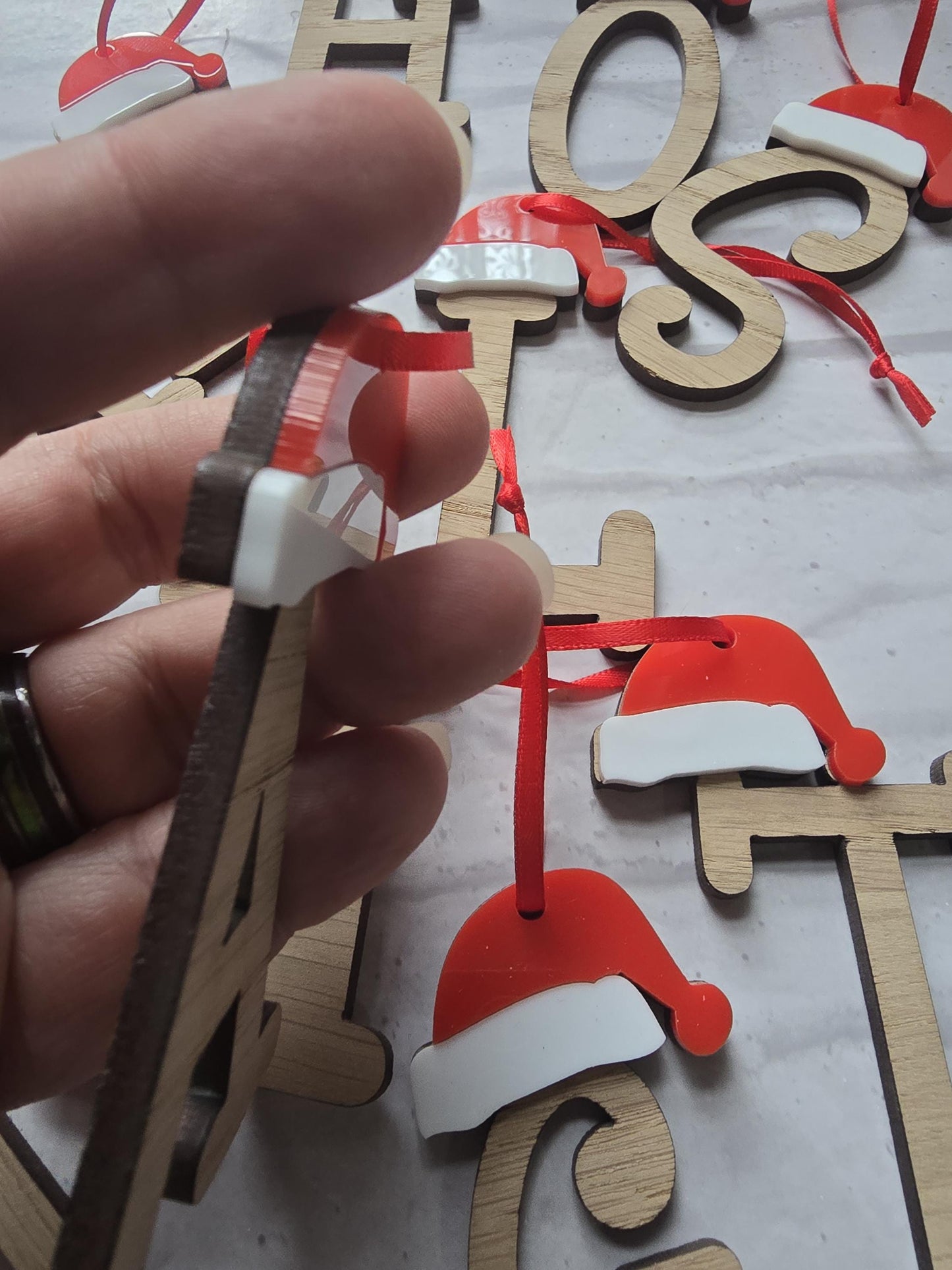 Santa Hat Alphabet Personalised Christmas Decoration | Wood Acrylic Xmas Hanging Tree Decor | Family Initial Bauble