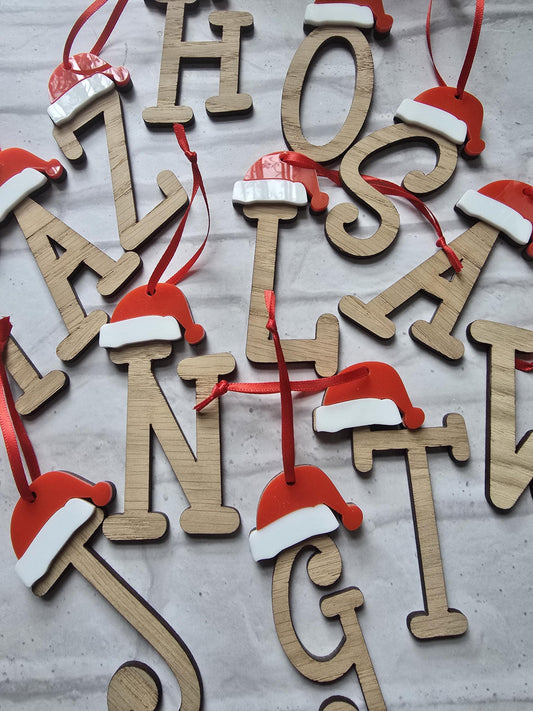 Santa Hat Alphabet Personalised Christmas Decoration | Wood Acrylic Xmas Hanging Tree Decor | Family Initial Bauble