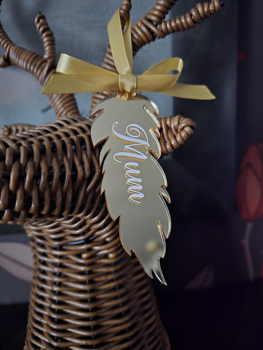 Memorial Mirror Feather Personalised Christmas Decoration |  Acrylic Xmas Hanging Tree Decor | Family Bauble | In Memory Of