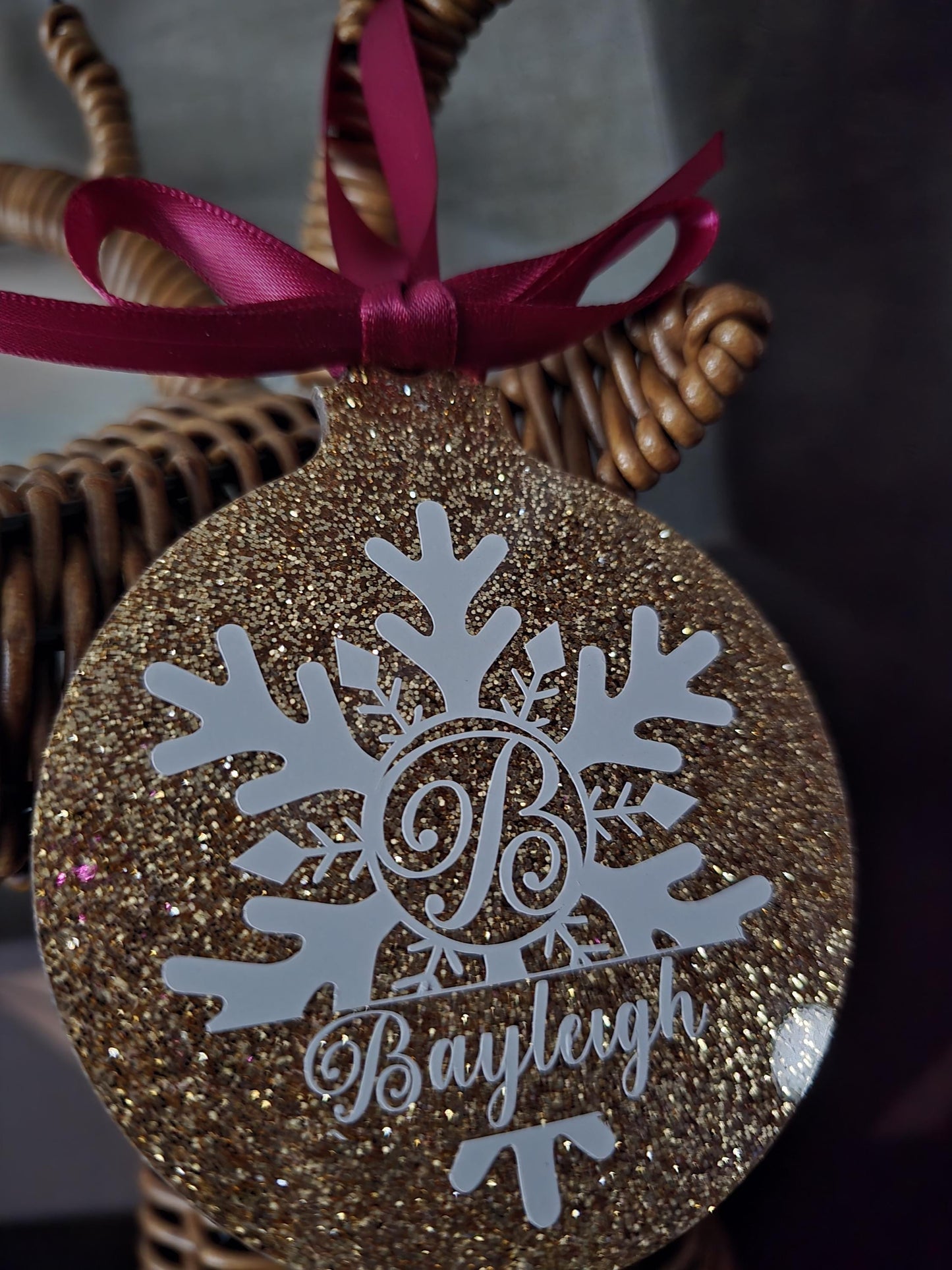 Gold Glitter Snowflake Personalised Christmas Decoration | Acrylic Xmas Hanging Tree Decor | Family Bauble | Gift for Children