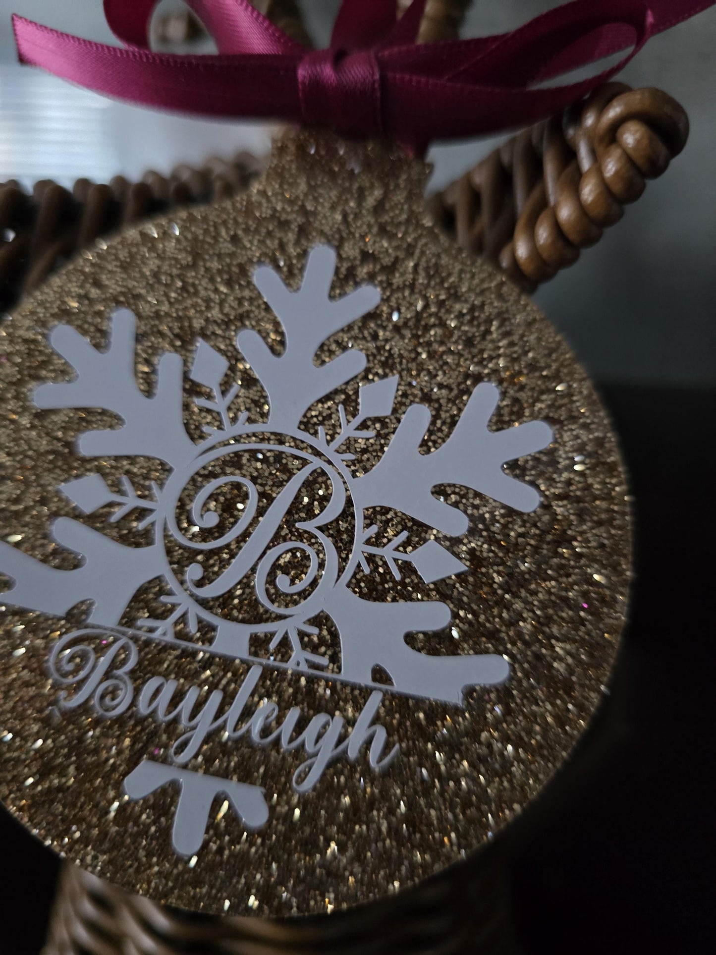 Gold Glitter Snowflake Personalised Christmas Decoration | Acrylic Xmas Hanging Tree Decor | Family Bauble | Gift for Children