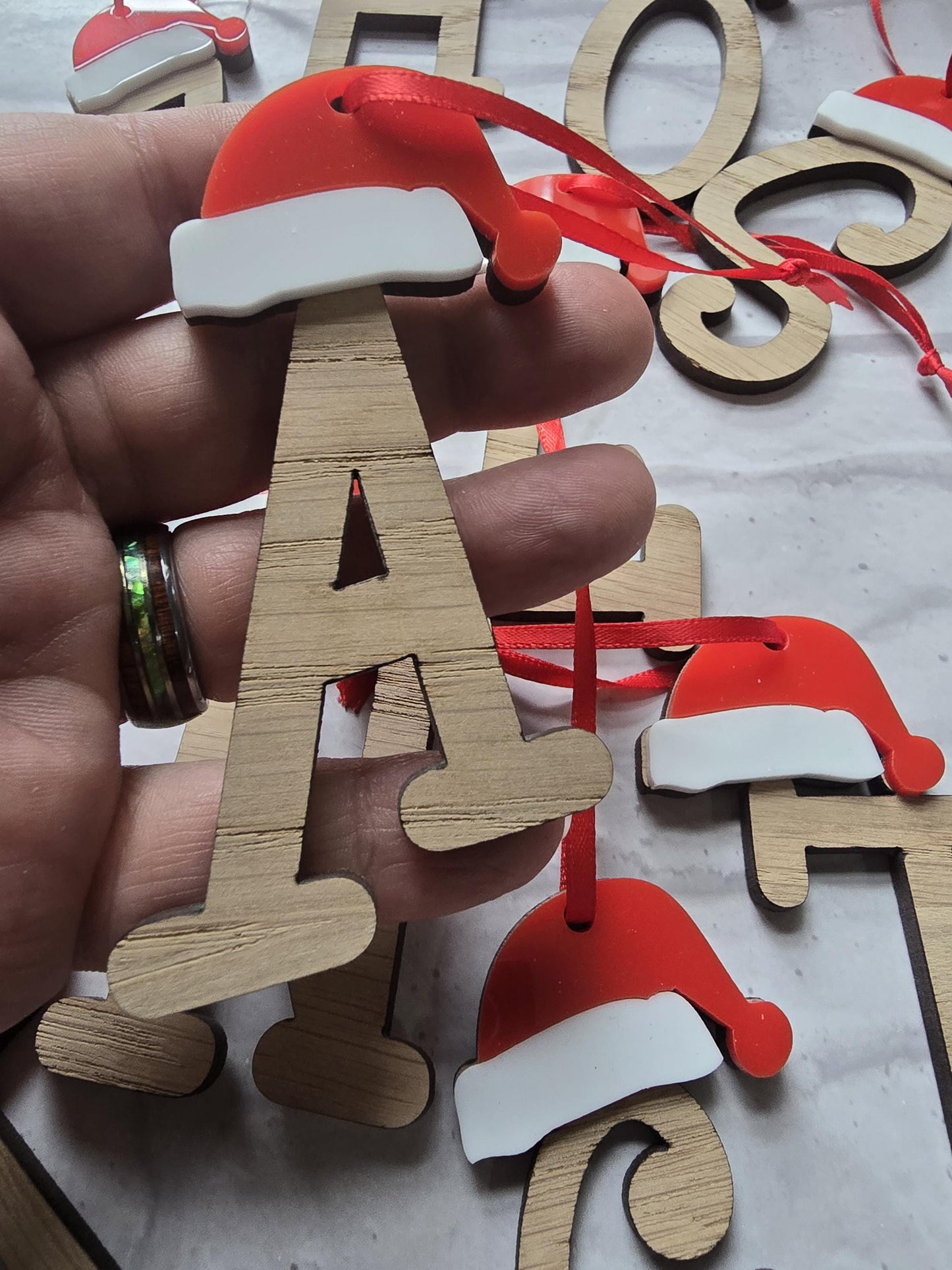 Santa Hat Alphabet Personalised Christmas Decoration | Wood Acrylic Xmas Hanging Tree Decor | Family Initial Bauble