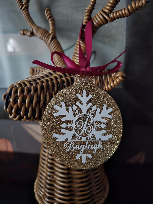 Gold Glitter Snowflake Personalised Christmas Decoration | Acrylic Xmas Hanging Tree Decor | Family Bauble | Gift for Children