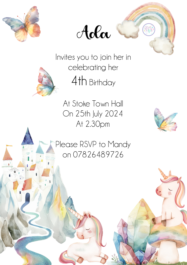 River Rainbow Unicorn Princess Birthday Invites - Bluesky's creation