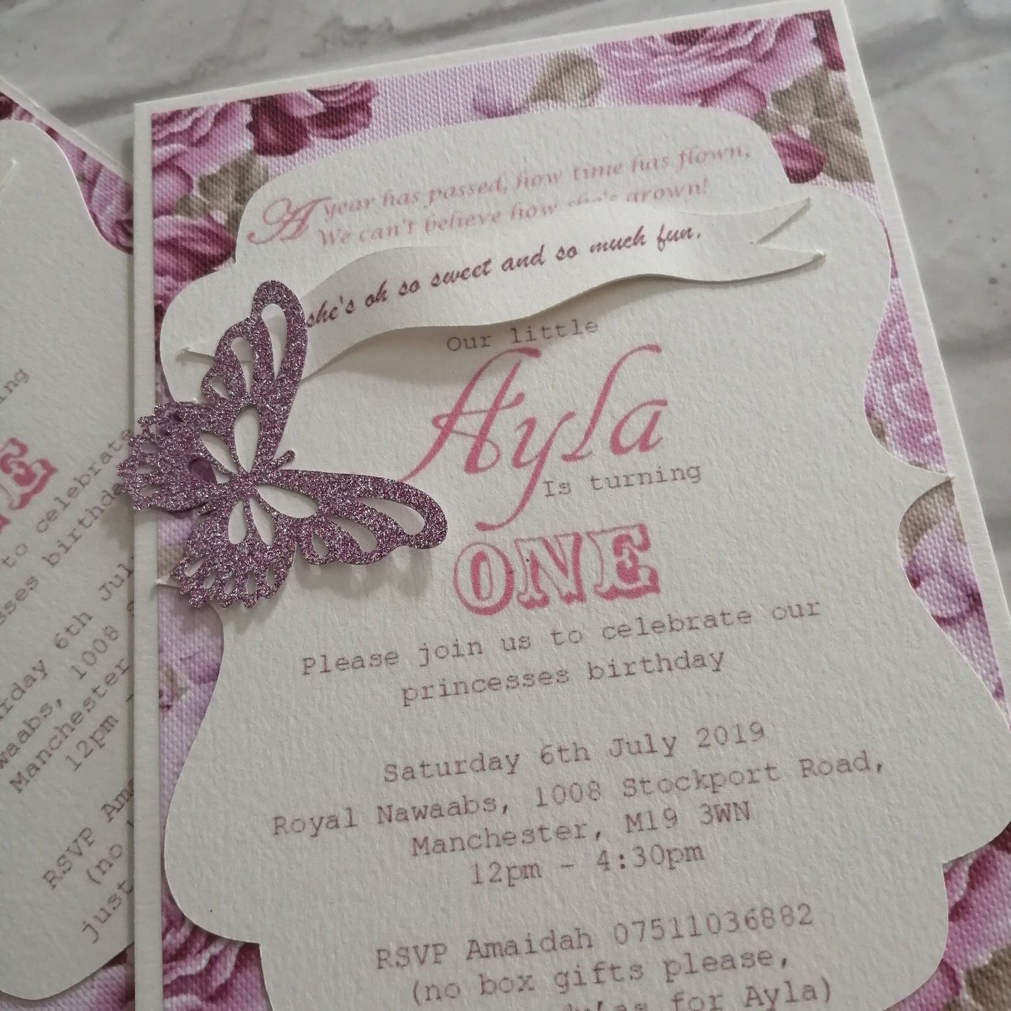 Floral 1st birthday invitations - Bluesky's creation