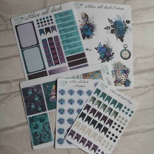 Alice in wonderland dark green purple weekly planning sticker diary daily planner set