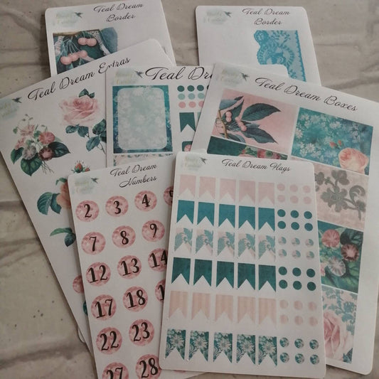 Vintage Teal Planner Kit | Floral Pink Weekly Stickers | Daily Diary Planner Set