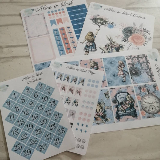 Alice in wonderland blush pink and blue weekly planning sticker diary daily planner set