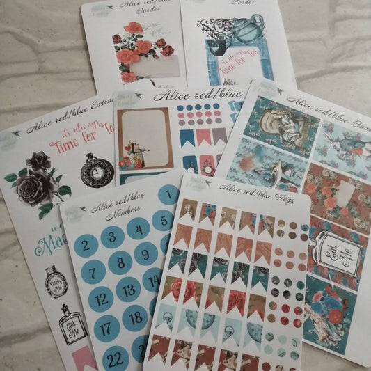 Alice in Wonderland Red & Blue Kit | Weekly Planning Sticker | Daily Diary Planner Set