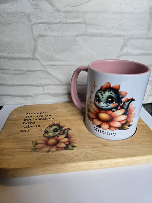 Personalised Mummysaurus Biscuit Board & Mug Set |Tea Cup Plate | Treat Board | Gift for Her | Mother's Day Present | Coffee Serving Platter