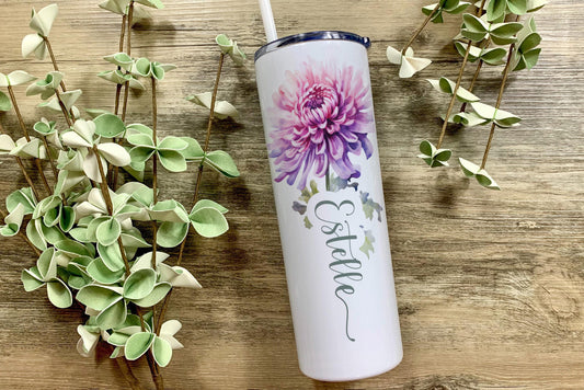 Birth Flower 20oz Tumbler – Custom Name Floral Mug – Personalized Gift for Women, Mom, Sister – Heat Proof Travel Cup