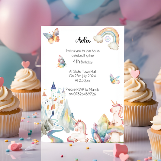 River Rainbow Unicorn Princess Birthday Invites - Bluesky's creation