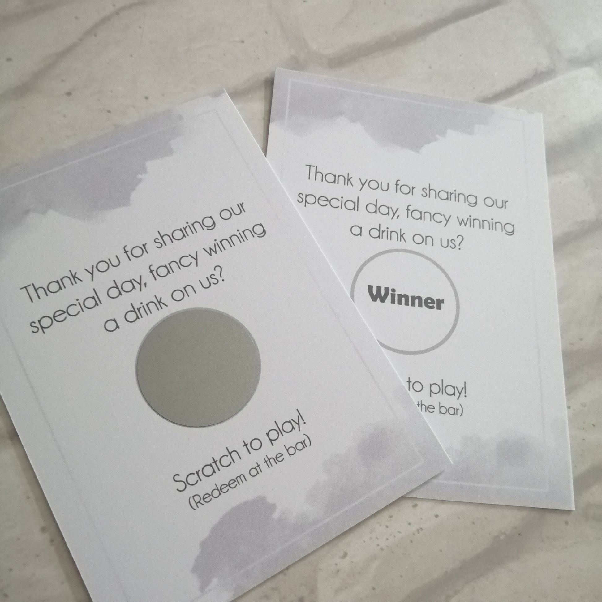 Watercolour Win a Drink Scratch Card Favour - Bluesky's creation