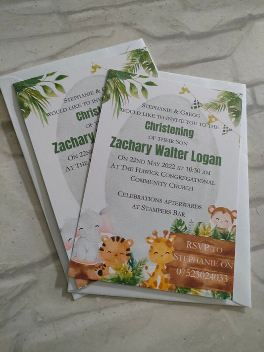 Safari Animal christening invitations- Bluesky's creation