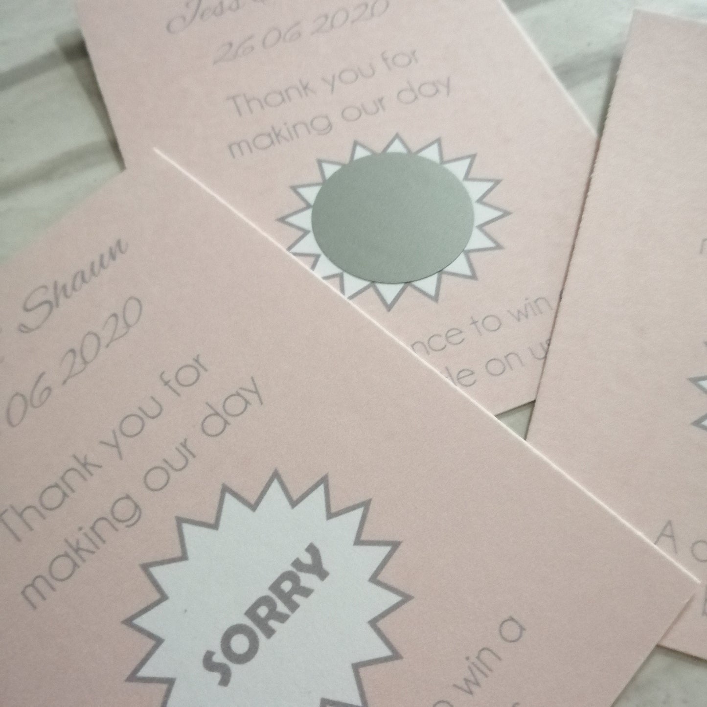 Blush pink Scratch Card Drink Favours - Bluesky's creation