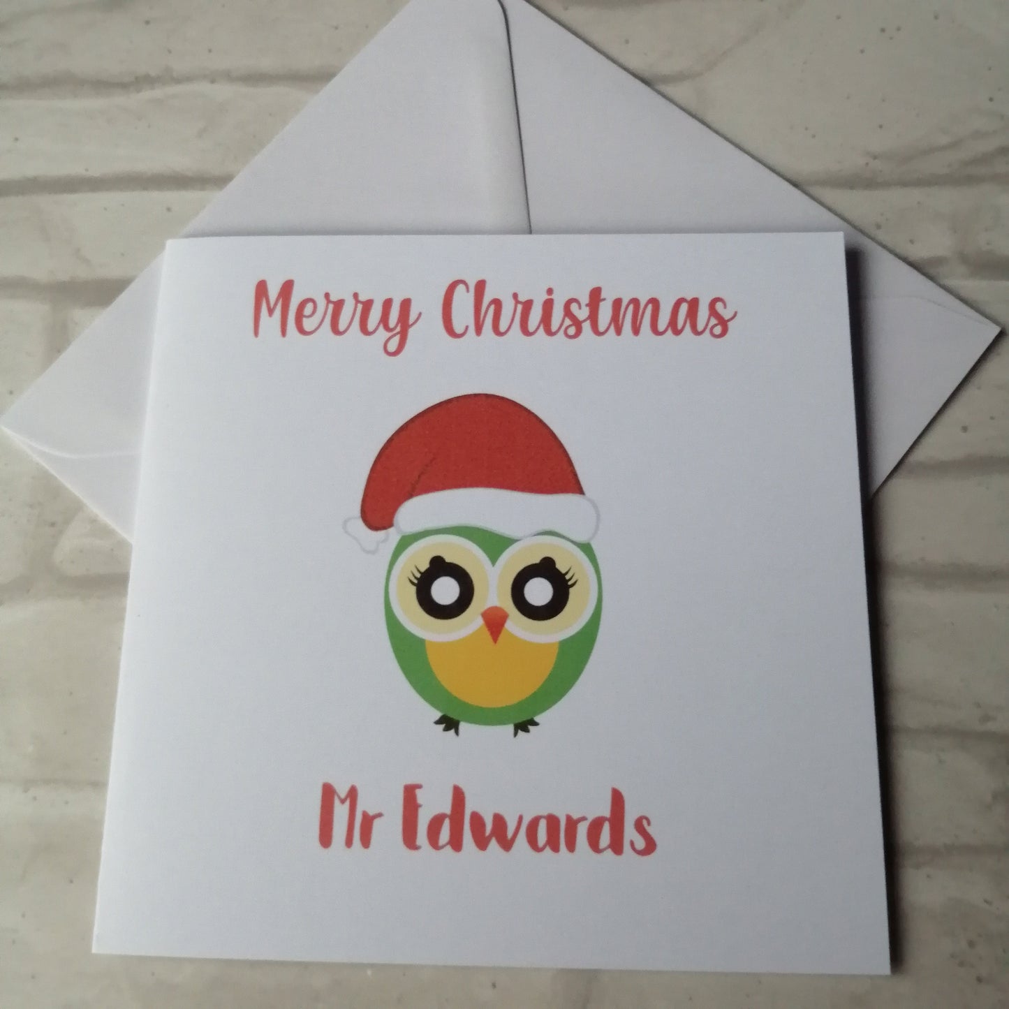 Green Owl Teacher Christmas Card