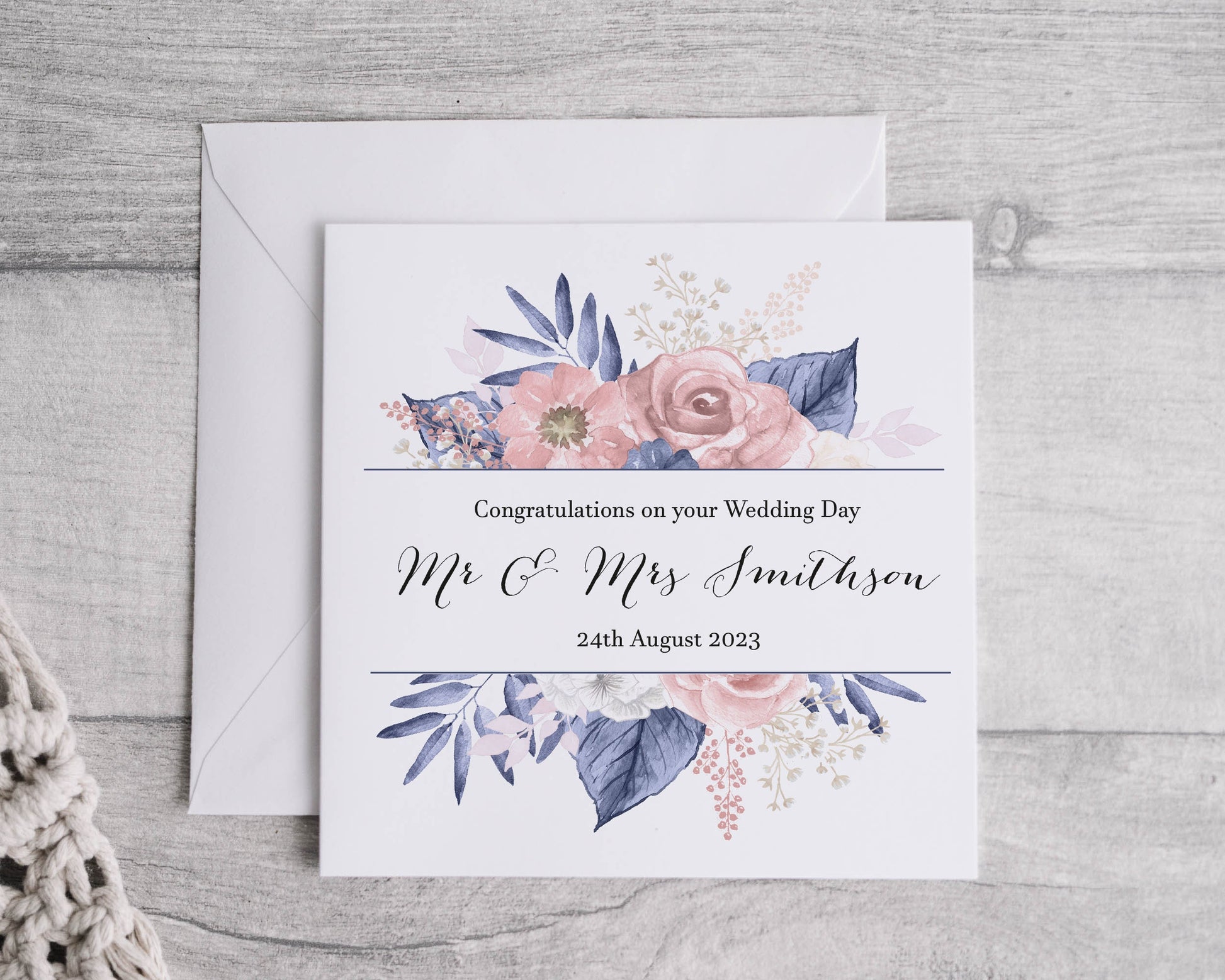 Navy & Blush wedding card - Bluesky's creation