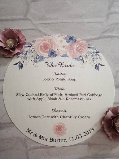 Pink & Navy Florals menu - Bluesky's creation