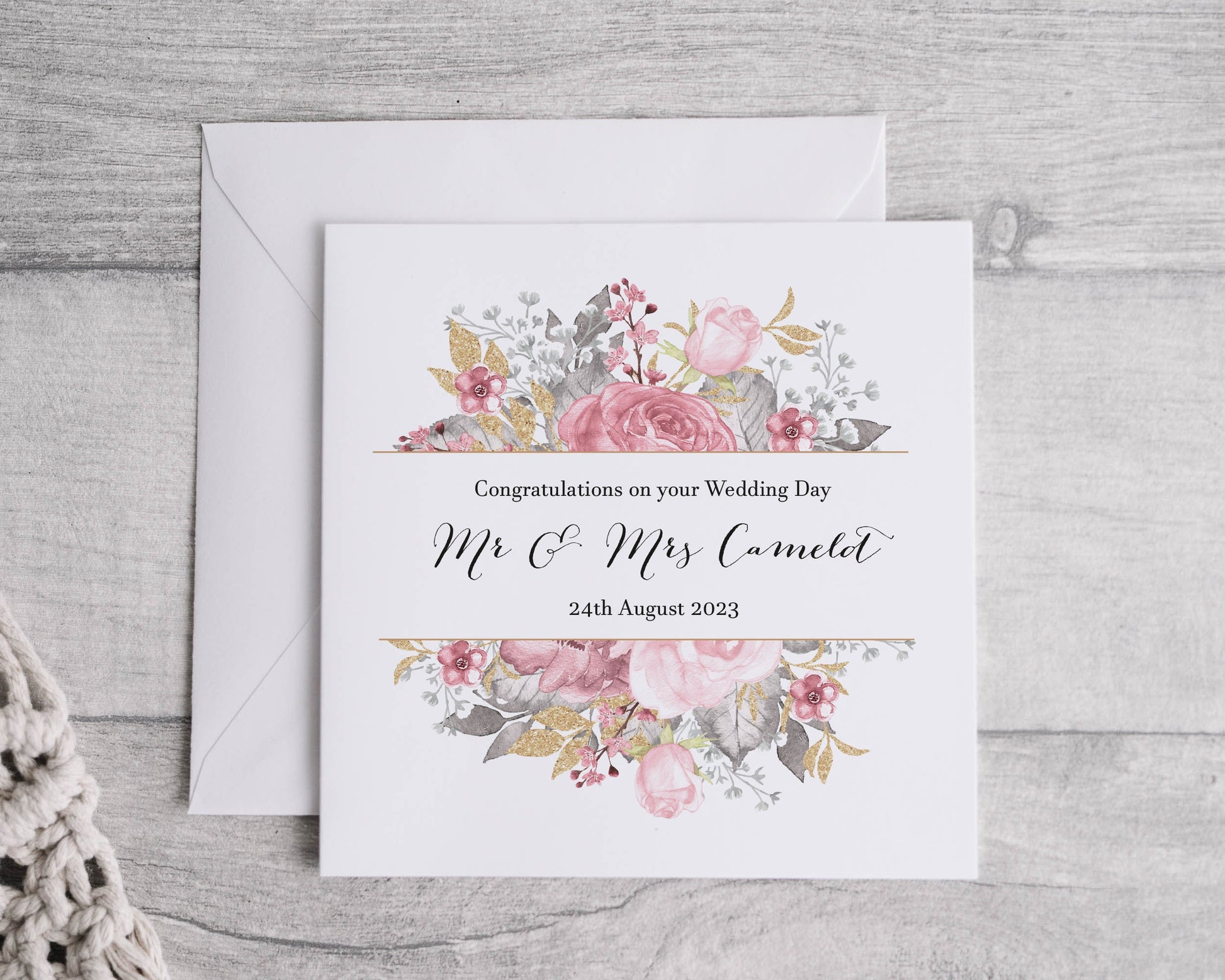 Pink Gold & Grey wedding card - Bluesky's creation